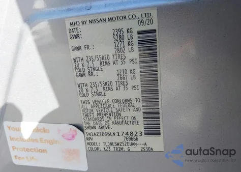 2020 Nissan Murano Platinum Intelligent Awd z USA, uszkodzony, nr VIN 5N1AZ2DS6LN174823